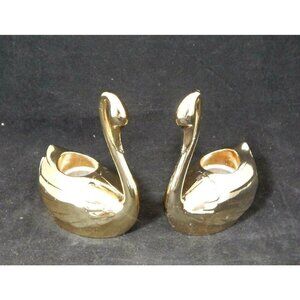 Set Of 2 Swan Candle Holders JAPAN gold tone metal 4"x3.5" EUC